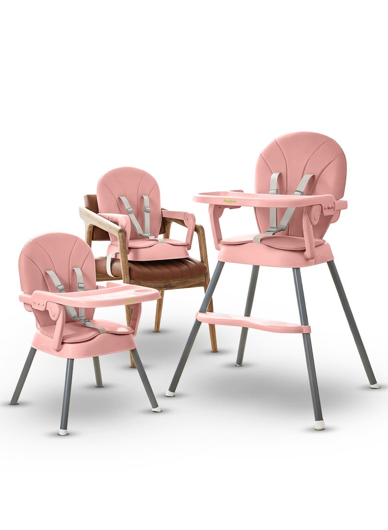 BAYBEE 3 in 1 Convertible Baby High Chair for Kids, Baby Feeding Chair With 2 Height Adjustable, Footrest, Food Tray, 3 Point Safety Belt, Kids High Chair For Baby 6 Months To 3 Years Pink - Image 1